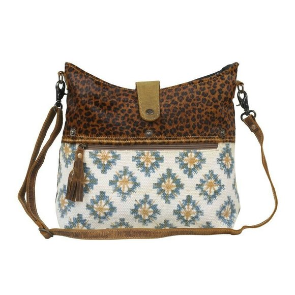 Myra Bag Handmade Bounce Back Shoulder Bag Upcycled Canvas & Cowhide Lea… - Picture 1 of 8